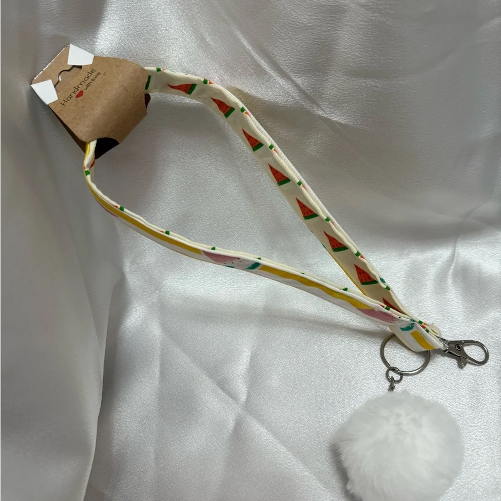 Handmade Watermelon Slice Print Wristlet Keychain with White Pompom